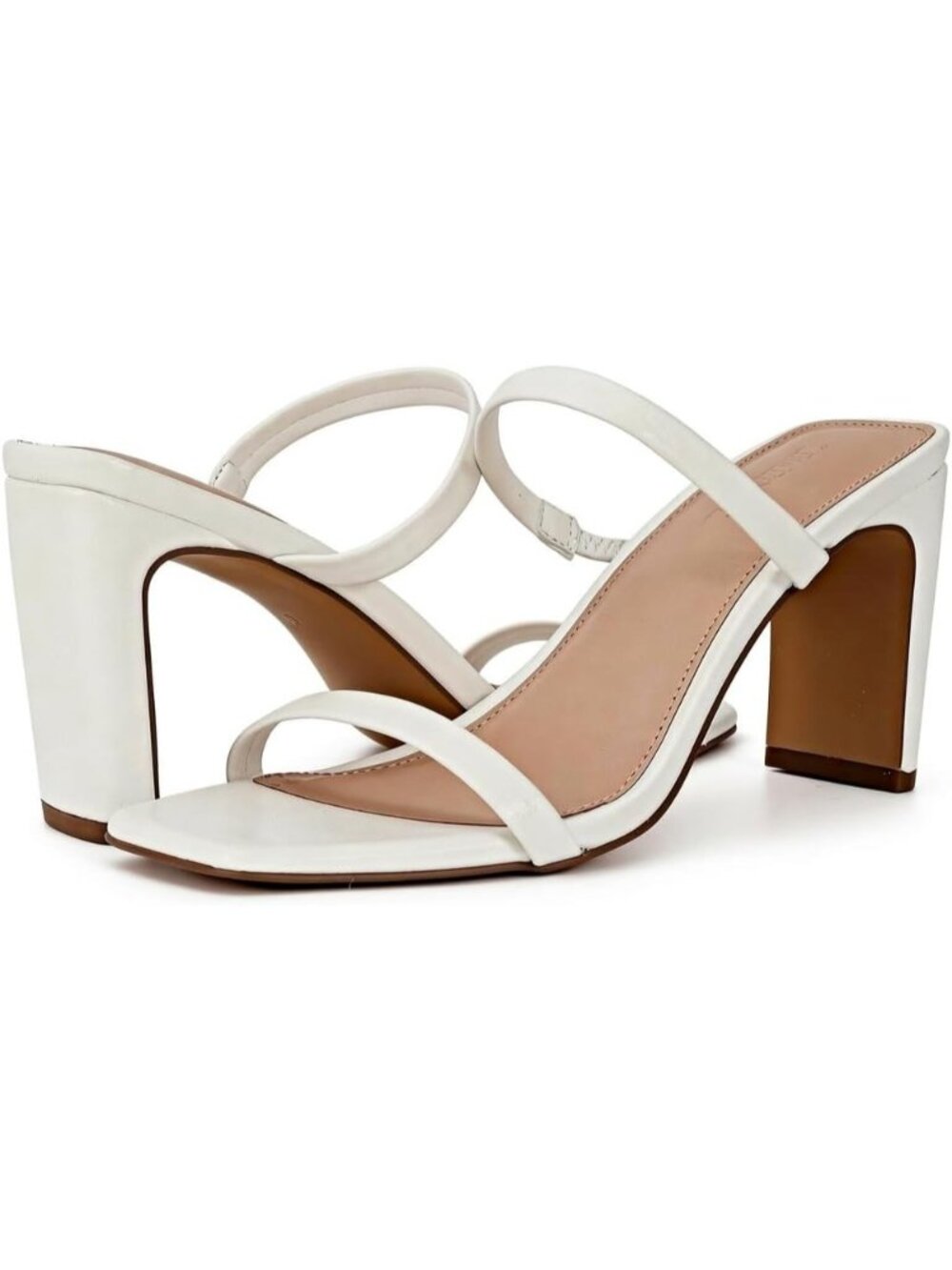 Women's White Heeled Sandals Square Toe Two Strap Block Strappy Heels for Party